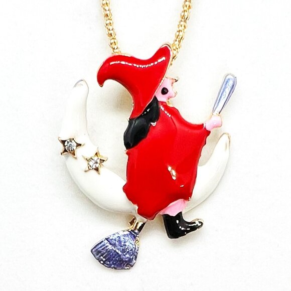 Flying WITCH on Broom over the Moon Halloween Pendant Necklace - Picture 1 of 1